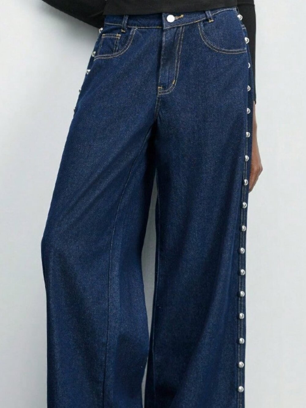 Dark Wash Casual Women's Street Punk Style Rivet Decor Loose Wide-Leg Jeans